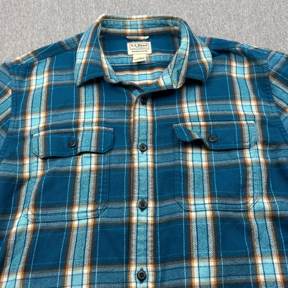 LL Bean Long Sleeve Button Up Slightly Fitted Flannel Shirt Mens Medium Blue - Picture 5 of 14